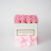 Load image into Gallery viewer, White Square Box with pink Eternity Roses | The Prestige Roses Spain