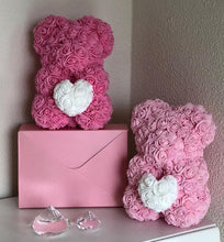 Load image into Gallery viewer, Teddyrose Small pink 25 cm with white heart made from Eternity Roses - The Prestige Roses Spain