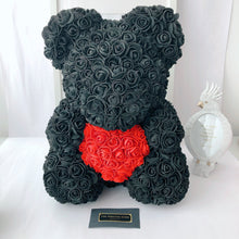 Load image into Gallery viewer, Teddyrose black 40 cm with red heart made from Eternity Roses - The Prestige Roses Spain
