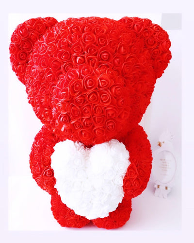 Teddyrose Standing Red with white heart 60 cm made from Eternity Roses | The Prestige Roses Spain