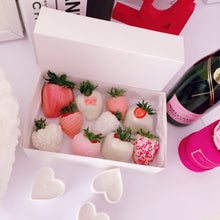 Load image into Gallery viewer, pink and white with chocolate-dipped strawberries  in Madrid.| The Prestige Roses Spain