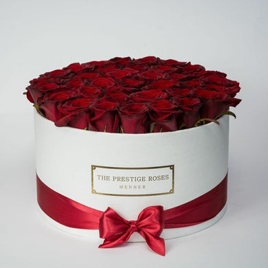 White Big Box with red Eternity Roses | The Prestige Roses Spain