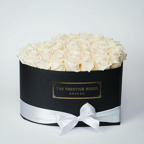 Black Heart Box with white Eternity Roses | The Prestige Roses Spain
