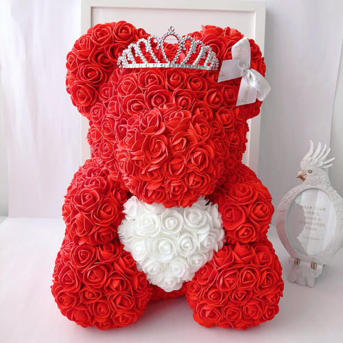 Teddyrose red 40 cm with white heart made from Eternity Roses - The Prestige Roses Spain