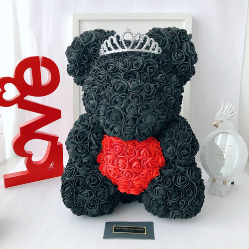 Teddyrose black 40 cm with red heart made from Eternity Roses - The Prestige Roses Spain