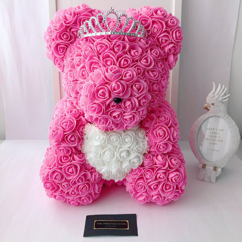 Teddyrose pink 40 cm with white heart made from Eternity Roses - The Prestige Roses Spain