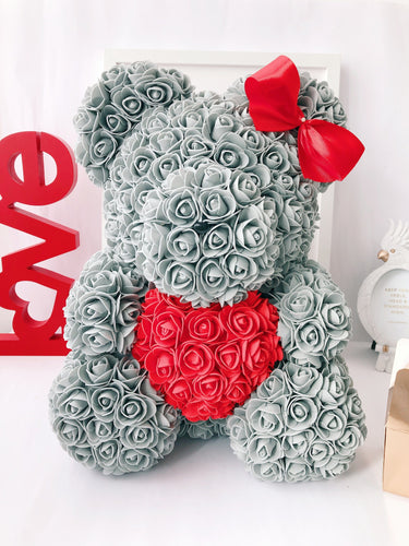 Teddyrose grey 40 cm with red heart made from Eternity Roses - The Prestige Roses Spain