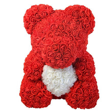 Load image into Gallery viewer, Teddyrose red 40 cm with white heart made from Eternity Roses - The Prestige Roses Spain