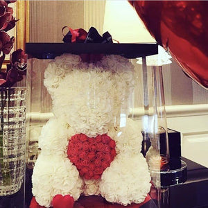 Teddyrose white 40 cm with red heart made from Eternity Roses - The Prestige Roses Spain