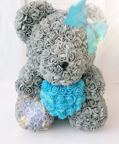 Teddyrose grey 40 cm with blue heart made from Eternity Roses - The Prestige Ros