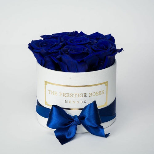 White Mini Box with blue Eternity Roses | The Prestige Roses Spain